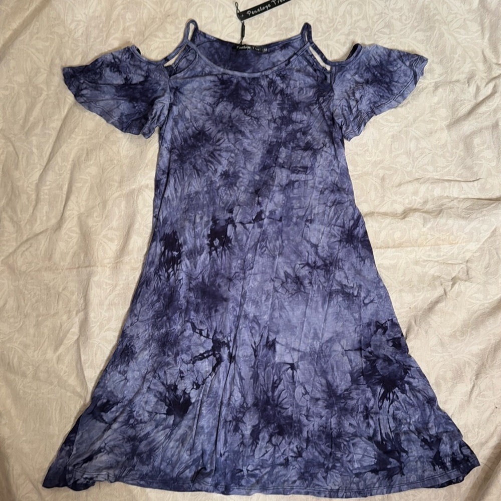 Penelope Tree Blue Tie-Dye Cold Shoulder with Flutter Sleeve Dress, Sz 14 NWT